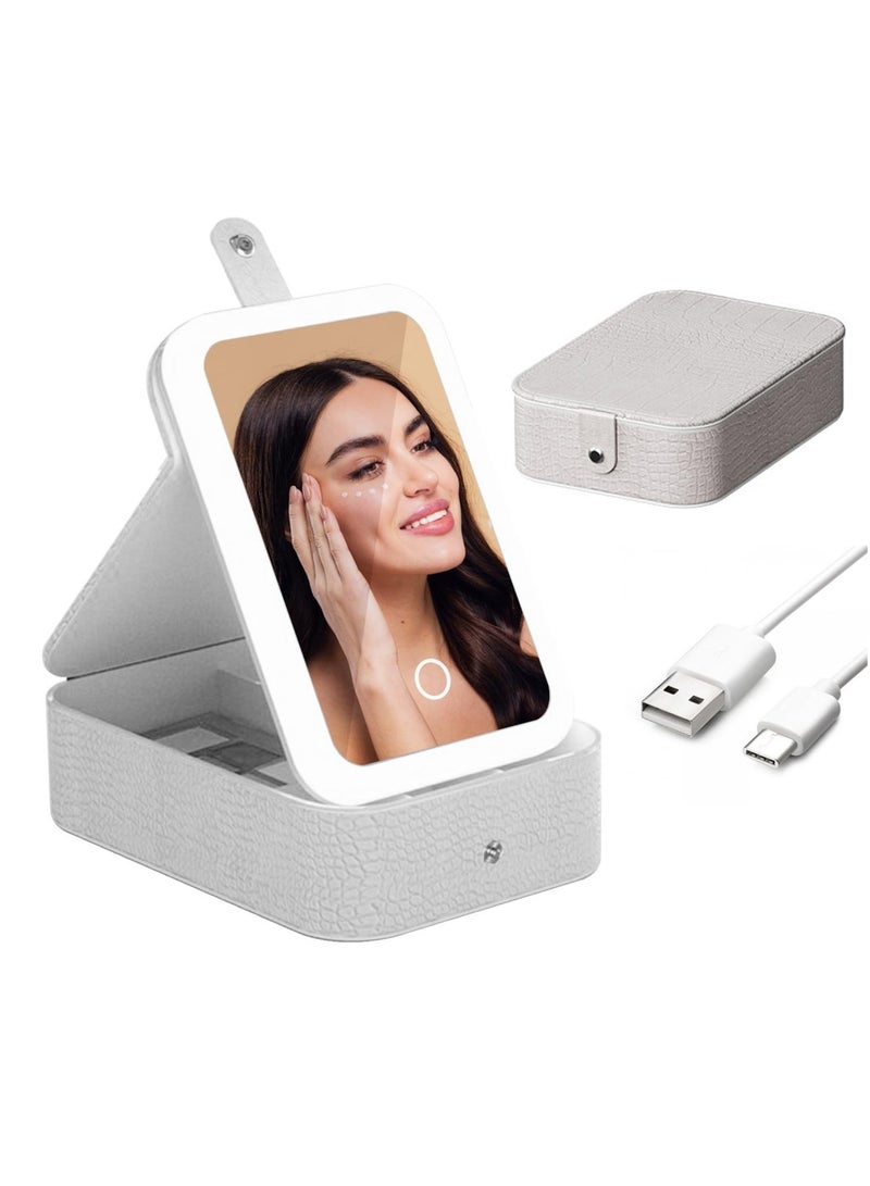 SOLARAE Travel Makeup Jewelry Case with LED Mirror, 3 Color LED Adjustable Brightness Storage Case for Eyelash station Makeup Brushes Cosmetic Tools Pink On-the-go Makeup Needs, White, Small - Image 1