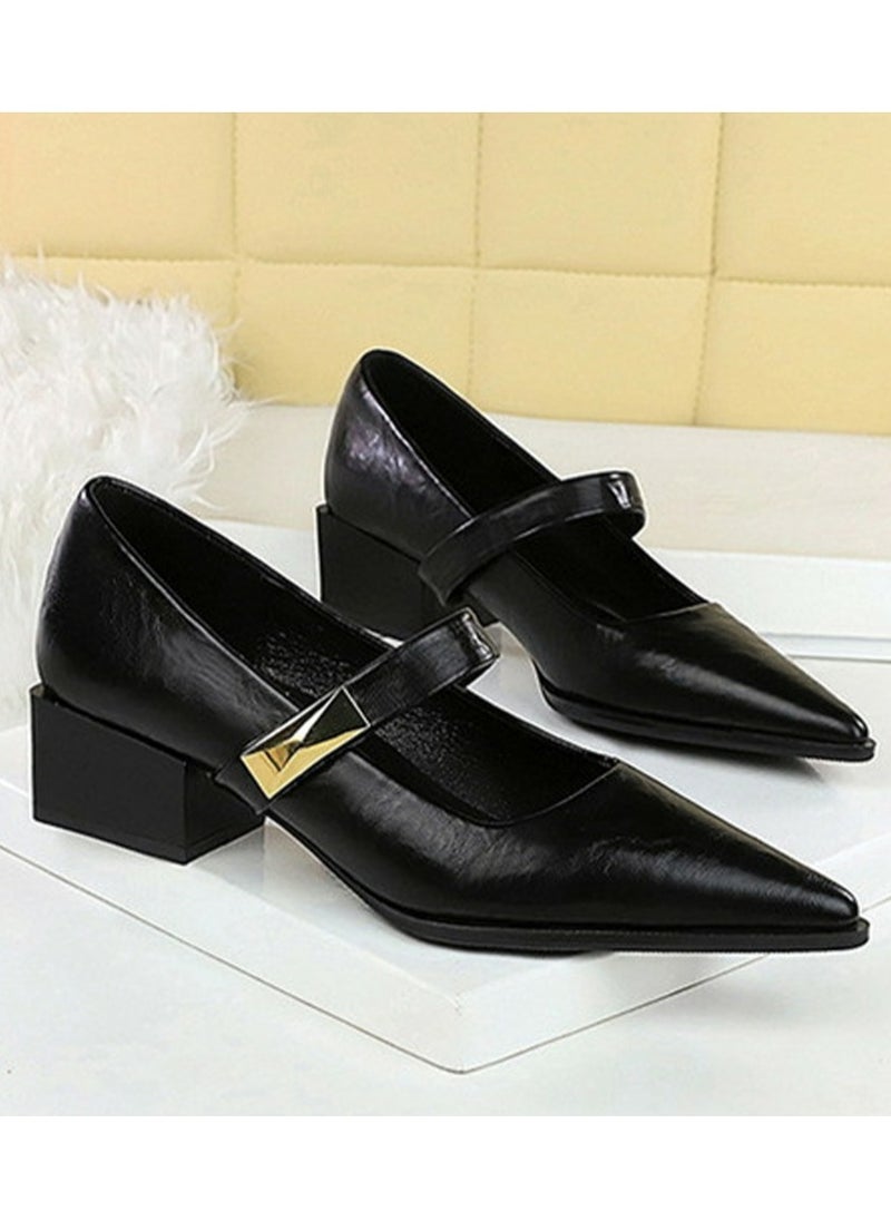 BIGTREE Mary Jane Shoes Low Heel Chunky Heels Closed Pointed Toe Ankle Strap Shoes Black  - Image 2