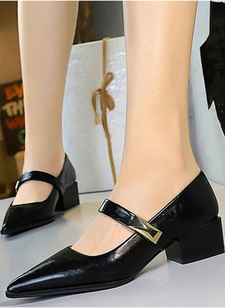 BIGTREE Mary Jane Shoes Low Heel Chunky Heels Closed Pointed Toe Ankle Strap Shoes Black  - Image 3