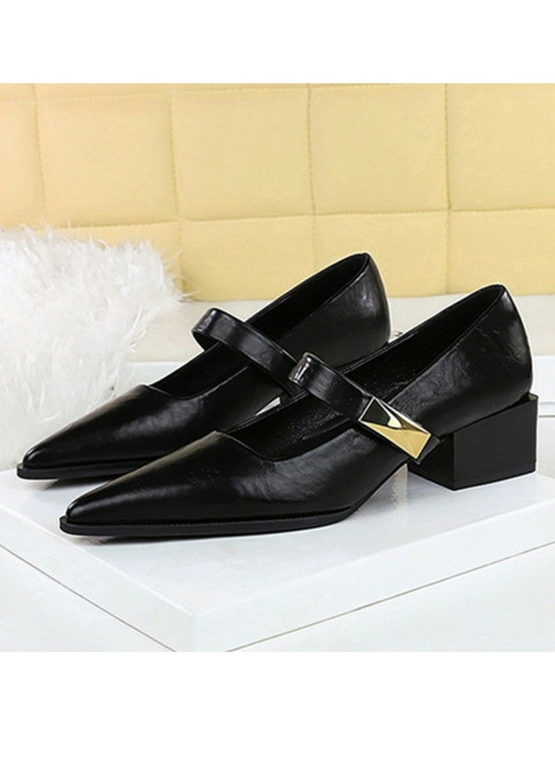 BIGTREE Mary Jane Shoes Low Heel Chunky Heels Closed Pointed Toe Ankle Strap Shoes Black  - Image 1