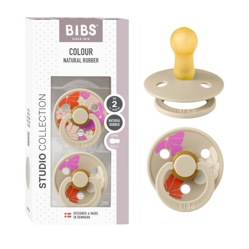 BIBS Pacifiers - Studio 2 Pack | Round Nipple Baby Pacifier | BPA Free Natural Rubber Latex Soother | Made in Denmark | Size 6+ Months | Morning Bloom Vanilla - Image 1