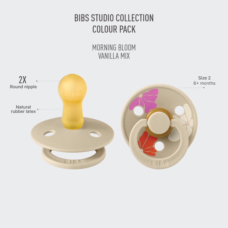 BIBS Pacifiers - Studio 2 Pack | Round Nipple Baby Pacifier | BPA Free Natural Rubber Latex Soother | Made in Denmark | Size 6+ Months | Morning Bloom Vanilla - Image 2
