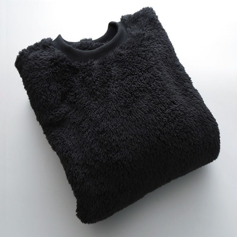 Double-Sided Coral Velvet Sweatshirt Mens Autumn and Winter New Retro Round Neck Pullover Warm Bottoming Shirt Top Jacket Black [velvet and thickened]