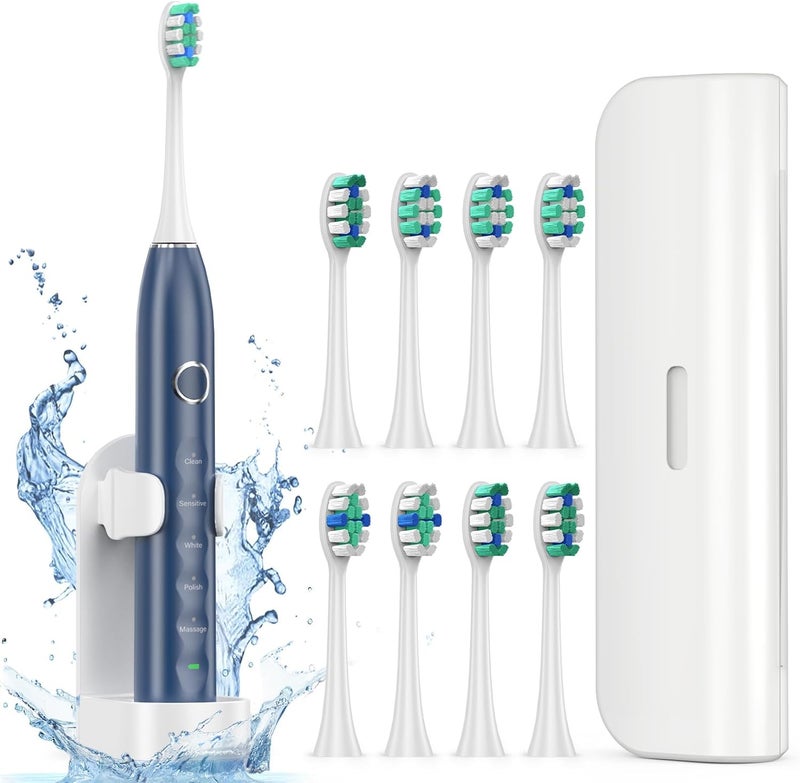 Fronix Electric Toothbrush for Adults with 8 Brush Heads, Sonic Toothbrush Rechargeable with a Holder & Travel Case, 2.5 Hours Charge for 120 Days Use - Blue - Image 1