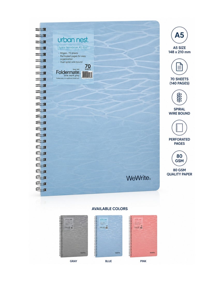 Foldermate 1-Piece A5 Size Spiral Lined Notebook 70 Sheets Assorted Colours - Image 1