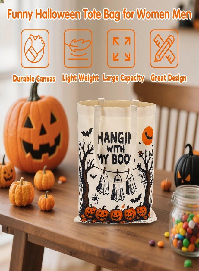 NUBARKO Halloween Boo Basket Stuffers for Teens Girls Kids Women Her Halloween Canvas Tote Bag Gifts for Kids Women Her Friends Teens Vintage Trick or Treat Bag Candy Variety Pack Sack, Spooky Basket Stuffers - Image 4