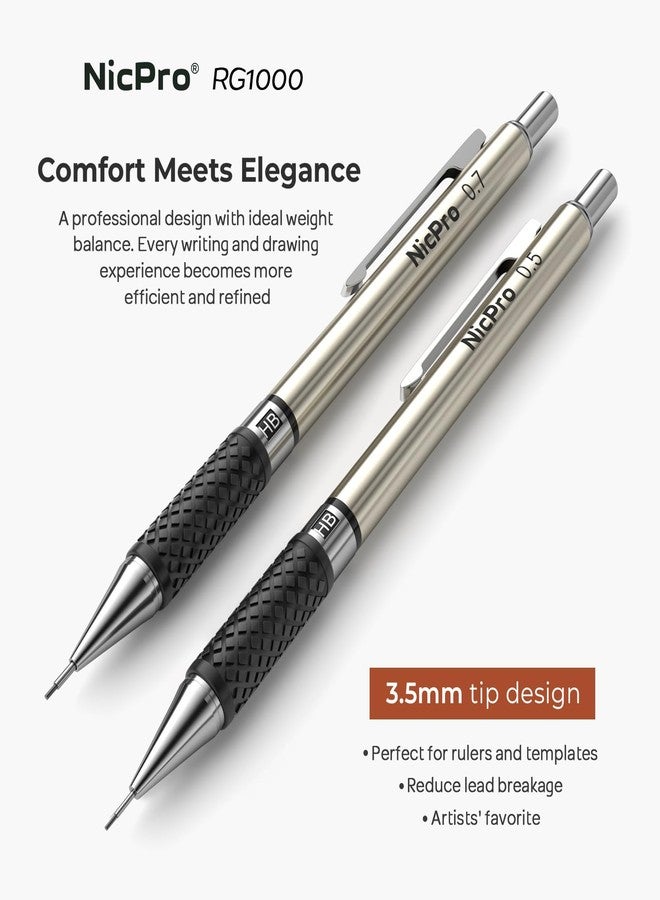 Nicpro Art Mechanical Pencil Set in Case, 4 PCS Metal Drafting Pencil 0.5 mm & 0.7 mm, Lead Pencil with 6 Tube HB Lead Refills, 3 Erasers, 9 PCS Eraser Refills for Artist Writing, Drawing, Sketching - Image 2