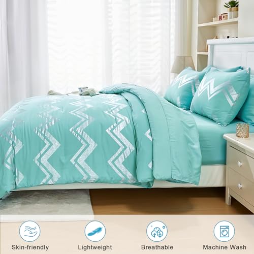 Wowelife Teal Comforter Set Queen 7 Pieces Blue Glitter Metallic Bedding Set Full Teal Kids Comforter Set Breathable with Comforter, Flat Sheet, Fitted Sheet, 2 Pillow Shams and 2 Pillowcases - Image 3