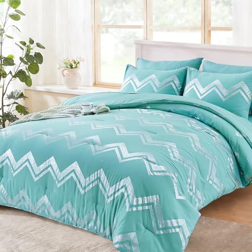 Wowelife Teal Comforter Set Queen 7 Pieces Blue Glitter Metallic Bedding Set Full Teal Kids Comforter Set Breathable with Comforter, Flat Sheet, Fitted Sheet, 2 Pillow Shams and 2 Pillowcases - Image 1
