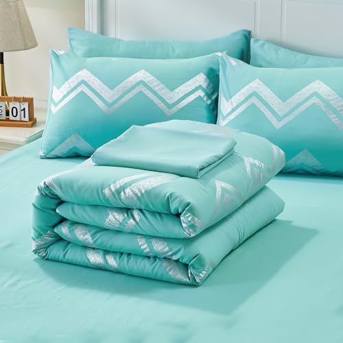 Wowelife Teal Comforter Set Queen 7 Pieces Blue Glitter Metallic Bedding Set Full Teal Kids Comforter Set Breathable with Comforter, Flat Sheet, Fitted Sheet, 2 Pillow Shams and 2 Pillowcases - Image 5
