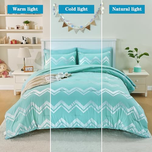 Wowelife Teal Comforter Set Queen 7 Pieces Blue Glitter Metallic Bedding Set Full Teal Kids Comforter Set Breathable with Comforter, Flat Sheet, Fitted Sheet, 2 Pillow Shams and 2 Pillowcases - Image 2