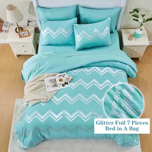 Wowelife Teal Comforter Set Queen 7 Pieces Blue Glitter Metallic Bedding Set Full Teal Kids Comforter Set Breathable with Comforter, Flat Sheet, Fitted Sheet, 2 Pillow Shams and 2 Pillowcases - Image 4
