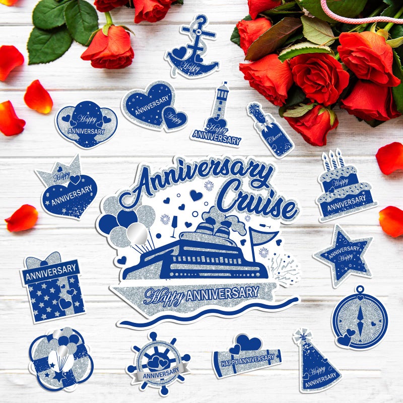 Wayyogh Happy Anniversary Cruise Door Magnets Decorations, Blue Silver Happy Anniversary Cruise Ship Door Decor Magnetic for Married Men Women Wedding Party Refrigerator Fridge Car Kitchen Garage Personalized - Image 2