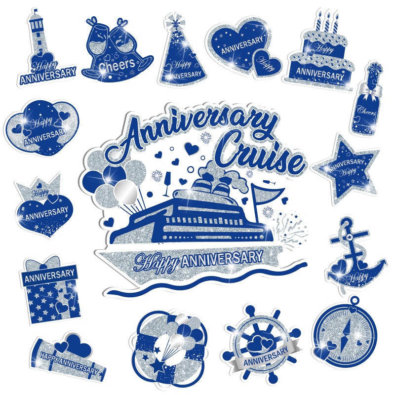 Wayyogh Happy Anniversary Cruise Door Magnets Decorations, Blue Silver Happy Anniversary Cruise Ship Door Decor Magnetic for Married Men Women Wedding Party Refrigerator Fridge Car Kitchen Garage Personalized - Image 1