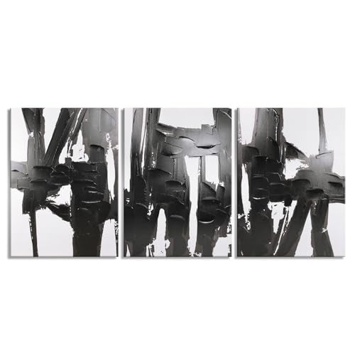 Pinetree Art 3 Panels Black and White Abstract Canvas Wall Art Prints 3D Textured Painting for Living Room (Small) - Image 1