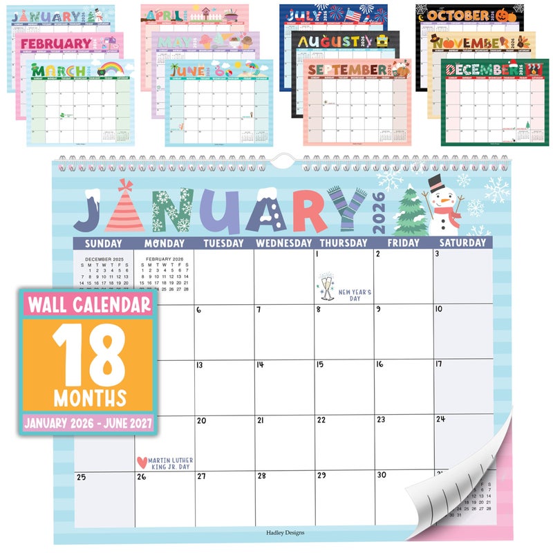 Hadley Designs 2026 Wall Calendar Large - Spiral Wall Calendars 2026-2027, 18 Months Calendar from January 2026 to June 2027, Hanging Calendars for Home, Office, Classroom, Typography Monthly Planner - Image 1
