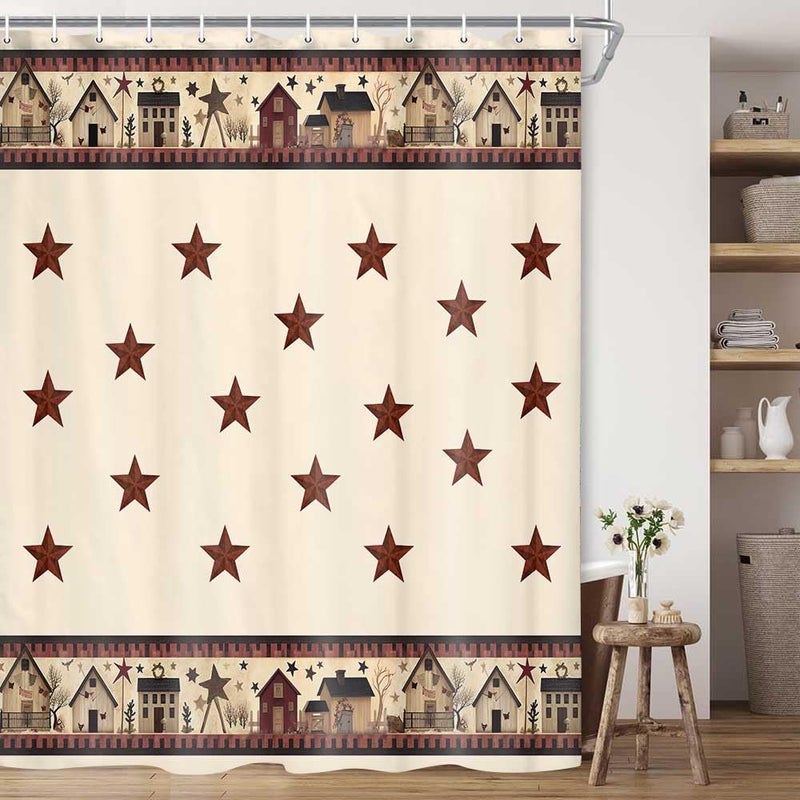 JAWO Rustic Country Shower Curtains, Primitive Barn Star Relax Bath Outhouse Christmas Farmhouse Shower Curtain for Bathroom Decor Polyester Fabric Bath Curtain and Hooks 70x70inchesâ€¦ - Image 3
