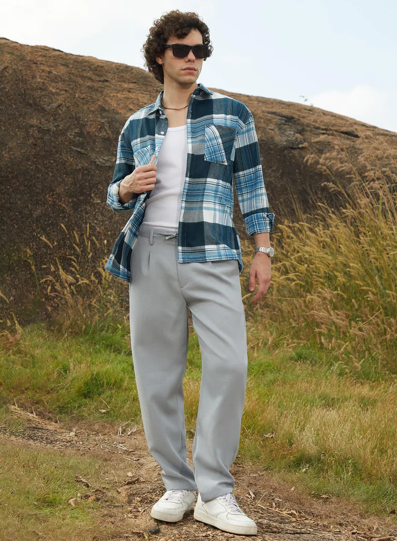 Campus Sutra Men's Cloud Grey Tailored Linen-Blend Trousers