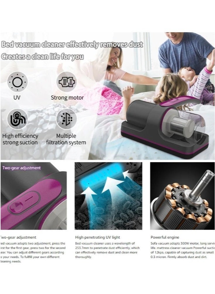 Bed Vacuum Cleaner, Cordless Handheld Mattress Vacuum with UV Light, Powerful Suction, Anti-Allergen Mite Remover for Cleaning Sofa, Pillows, Carpets, Sheets, and Fabric Surfaces - Image 2