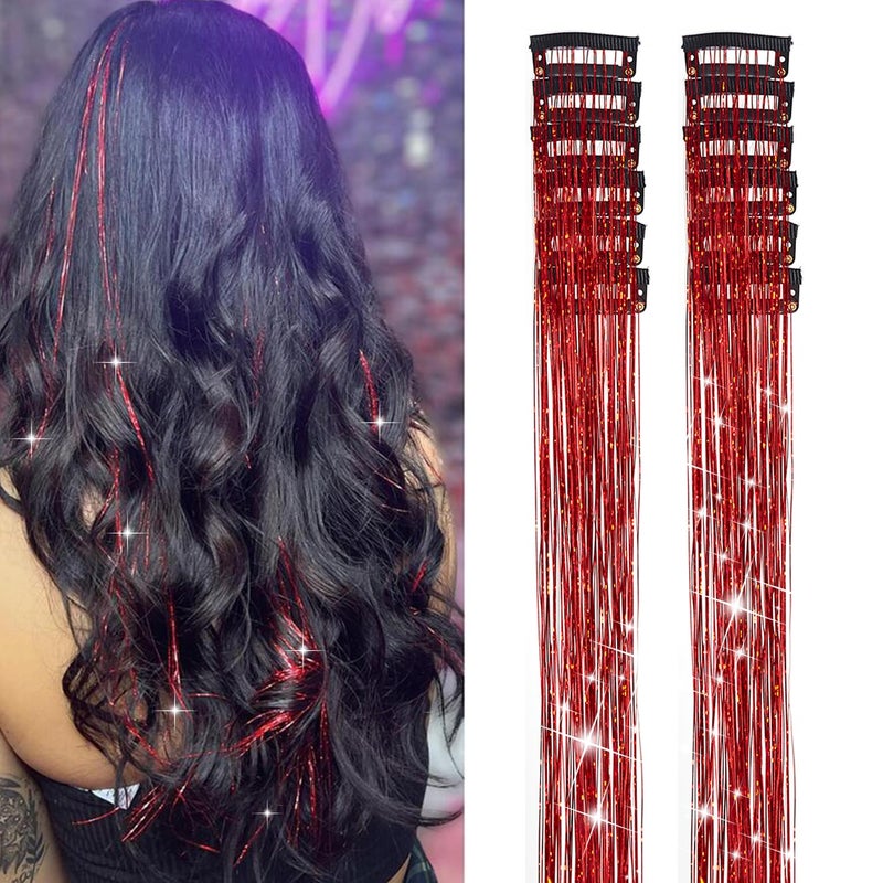 YOOONXI 12Pcs Hair Tinsel Clip in 196Inch Glitter Tinsel Hair Extensions Clip in Hair Tinsel Kit Heat Resistant Shiny Sparkle Fairy Hair Accessories for Women Girls Kids Red