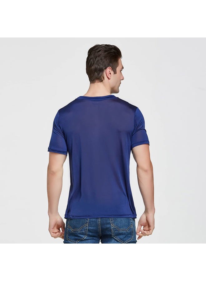 Viamulion Mens Silk Knitted T Shirt 100% Pure Mulberry Silk Sleep T Shirt Soft Cool Performance Crew Neck Casual Undershirt, Admiral, M - Image 5