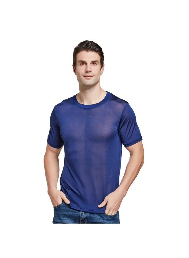 Viamulion Mens Silk Knitted T Shirt 100% Pure Mulberry Silk Sleep T Shirt Soft Cool Performance Crew Neck Casual Undershirt, Admiral, M - Image 1
