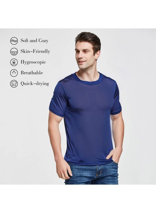 Viamulion Mens Silk Knitted T Shirt 100% Pure Mulberry Silk Sleep T Shirt Soft Cool Performance Crew Neck Casual Undershirt, Admiral, M - Image 2