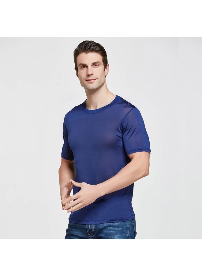 Viamulion Mens Silk Knitted T Shirt 100% Pure Mulberry Silk Sleep T Shirt Soft Cool Performance Crew Neck Casual Undershirt, Admiral, M - Image 4