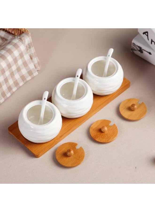 Set of 3 wave ceramic spice jar, spice service jar, spice container with spoon and wooden tray for salt, pepper and vanilla spices - Image 2