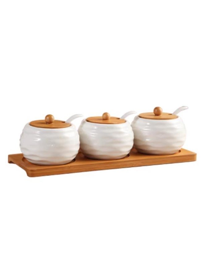 Set of 3 wave ceramic spice jar, spice service jar, spice container with spoon and wooden tray for salt, pepper and vanilla spices - Image 1