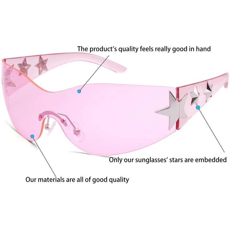 Haqptul Rimless Y2K Sunglasses Star Wrap Around Glasses 2000S Accessories for Women Men Trendy Fashion Cool Shield Shades (Pink/Pink) - Image 2