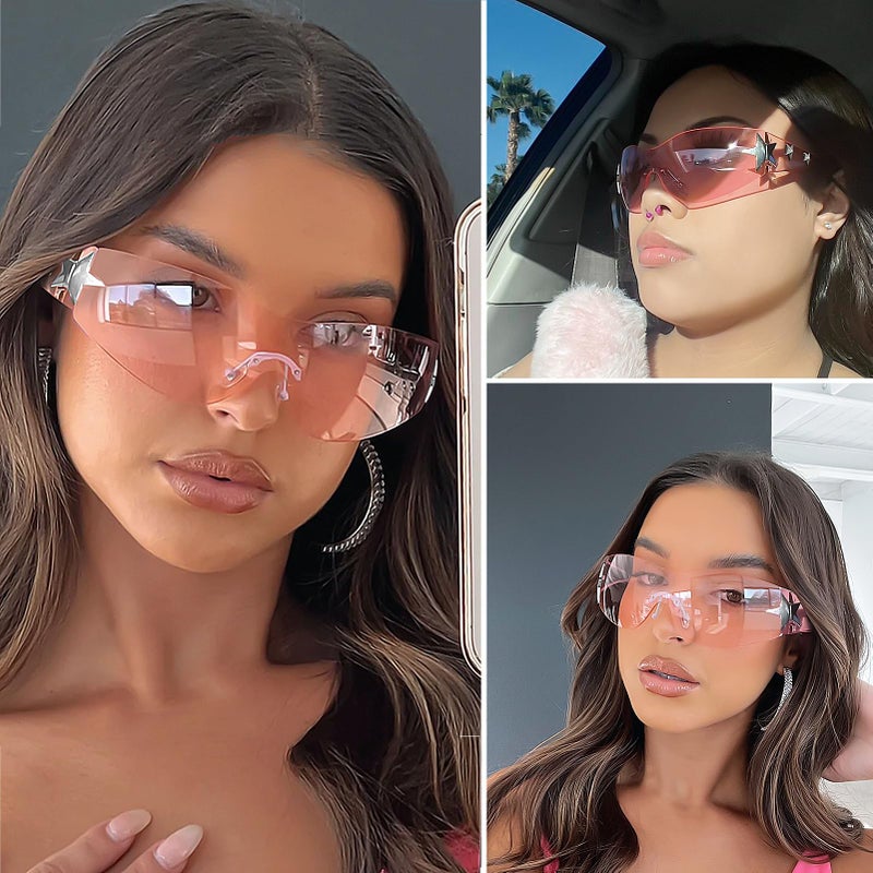 Haqptul Rimless Y2K Sunglasses Star Wrap Around Glasses 2000S Accessories for Women Men Trendy Fashion Cool Shield Shades (Pink/Pink) - Image 3