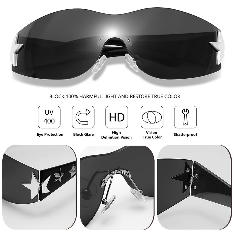 Haqptul Rimless Y2K Sunglasses Star Wrap Around Glasses 2000S Accessories for Women Men Trendy Fashion Cool Shield Shades (Pink/Pink) - Image 4