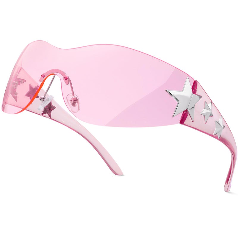 Haqptul Rimless Y2K Sunglasses Star Wrap Around Glasses 2000S Accessories for Women Men Trendy Fashion Cool Shield Shades (Pink/Pink) - Image 1