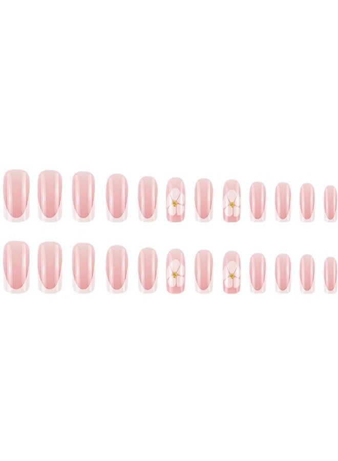YoYoee 24-Piece Short Square Press on Nails - French Small flowers False Nails | Cute Nude Fake Nails for Women Elegant & Durable Artificial Nails for Instant Manicure - Image 5
