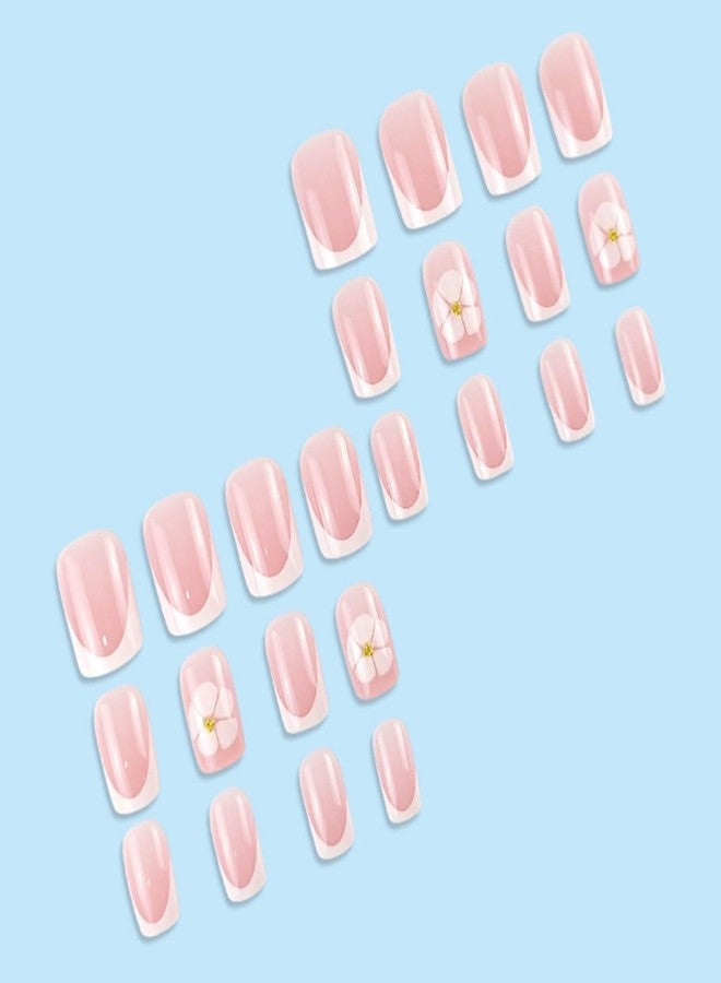 YoYoee 24-Piece Short Square Press on Nails - French Small flowers False Nails | Cute Nude Fake Nails for Women Elegant & Durable Artificial Nails for Instant Manicure - Image 4