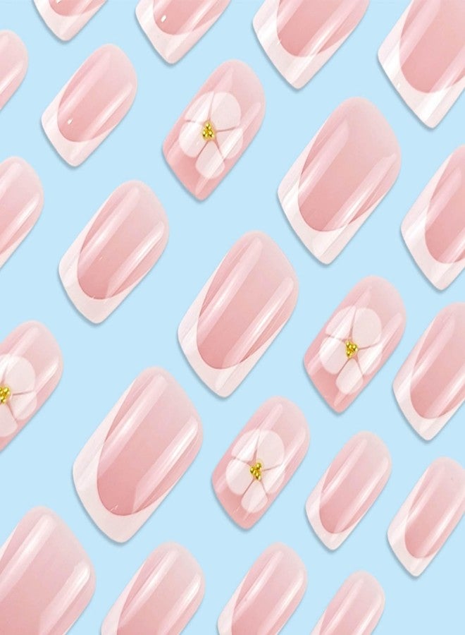 YoYoee 24-Piece Short Square Press on Nails - French Small flowers False Nails | Cute Nude Fake Nails for Women Elegant & Durable Artificial Nails for Instant Manicure - Image 3