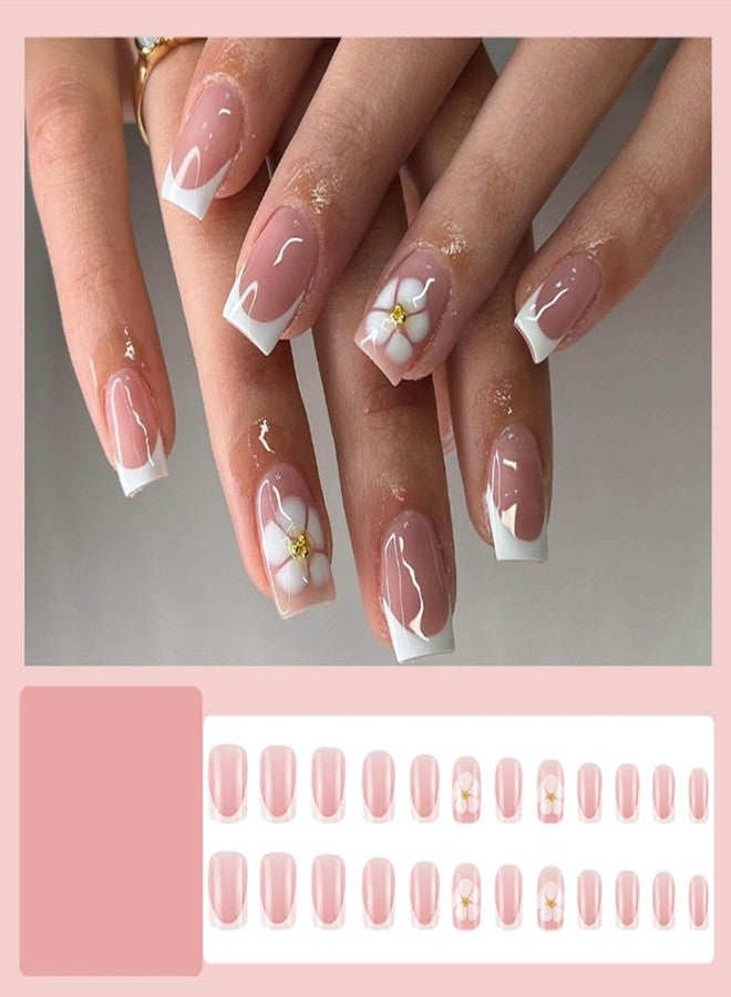 YoYoee 24-Piece Short Square Press on Nails - French Small flowers False Nails | Cute Nude Fake Nails for Women Elegant & Durable Artificial Nails for Instant Manicure - Image 2