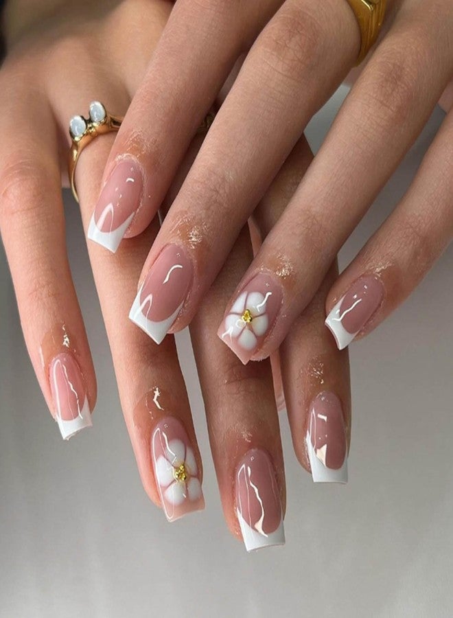 YoYoee 24-Piece Short Square Press on Nails - French Small flowers False Nails | Cute Nude Fake Nails for Women Elegant & Durable Artificial Nails for Instant Manicure - Image 1