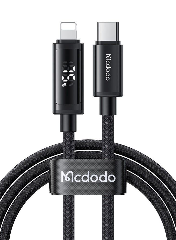 Mcdodo Dual LED Display iPhone USB-C to Lightning Cable 36W 1.2m – Fast Charging PD Data Sync Charger for iPhone 14 13 12 11, iPad, AirPods – Black - Image 1