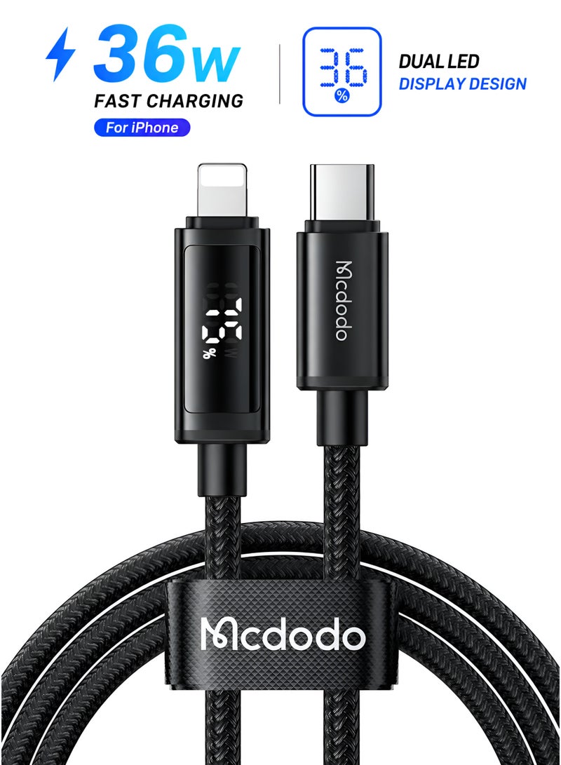 Mcdodo Dual LED Display iPhone USB-C to Lightning Cable 36W 1.2m – Fast Charging PD Data Sync Charger for iPhone 14 13 12 11, iPad, AirPods – Black - Image 1