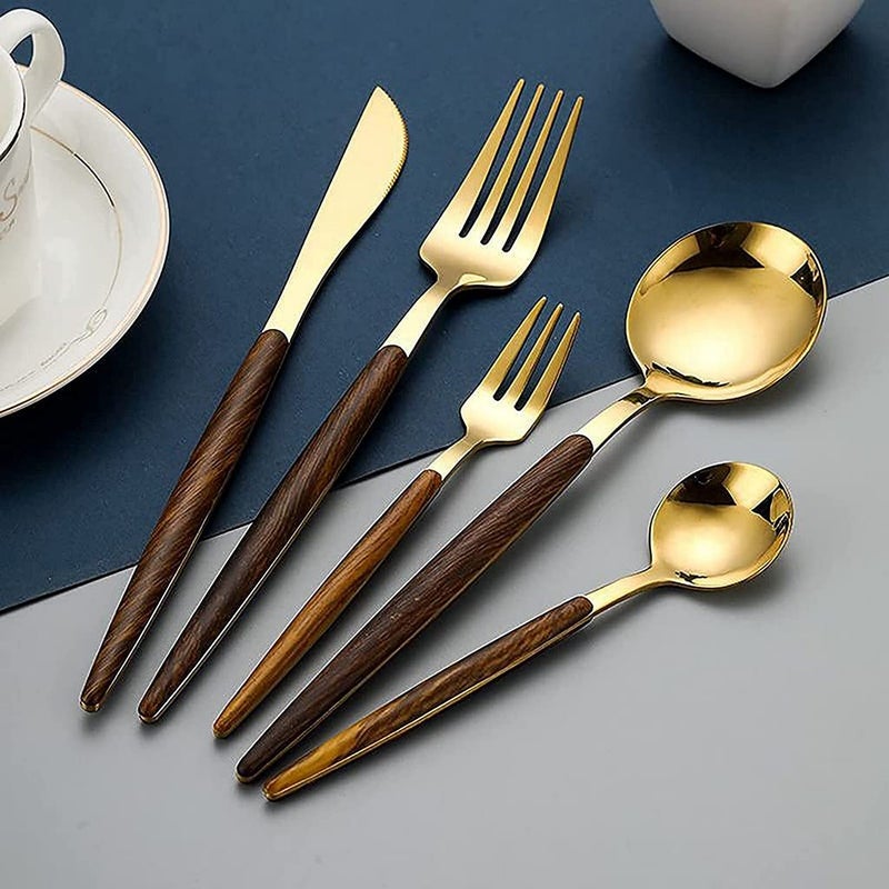 SHIDHMI Stainless Steel Wood Handle Gold Tableware Set Imitation Easy Grip Wooden Handle Cutlery Steak Cutlery Spoon Cutlery Utensil Tableware Sets for 5 Suitable for Kitchen Camping Picnic - Image 1