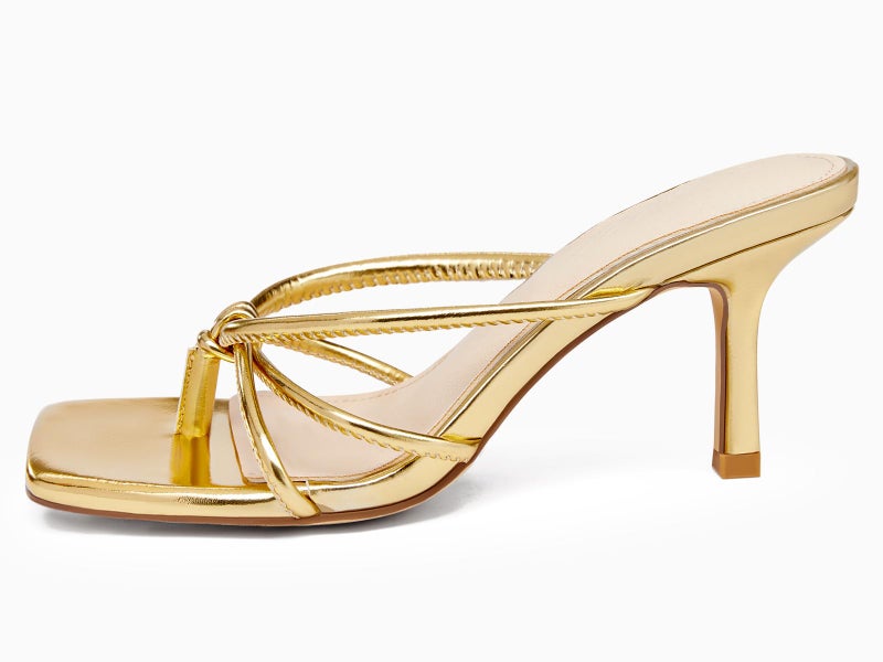 LAICIGO Women's Square Open Toe Flip Flops Stiletto Heels Strappy Thong Slide on Slingback Mules Sandals, Gold, Size 10 - Image 4