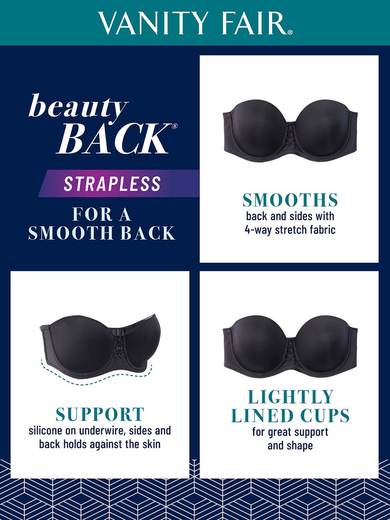 Vanity Fair Womens Beauty Back Smoothing Strapless Bra, 4-way Stretch Fabric, Lightly Lined Cups Up To H Bra, Midnight Black, 42D US - Image 4