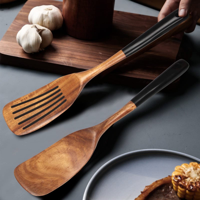 Ayiaren 2 Pcs Best Wooden Spatula Set for Cooking Kitchen Slotted Turner Spatula Flat Wood Wok Spatula Non Stick Cooking Utensils for Frying Mixing Teak Fish Spatula Turner Black Egg Flipper Spatulas - Image 2
