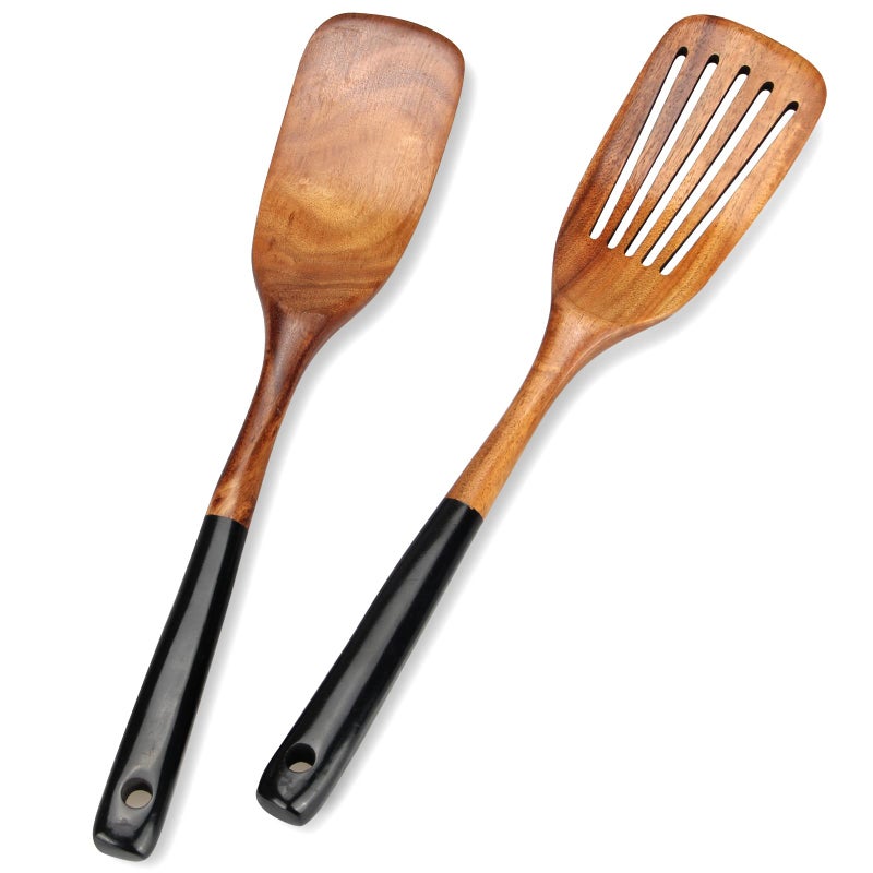Ayiaren 2 Pcs Best Wooden Spatula Set for Cooking Kitchen Slotted Turner Spatula Flat Wood Wok Spatula Non Stick Cooking Utensils for Frying Mixing Teak Fish Spatula Turner Black Egg Flipper Spatulas - Image 1