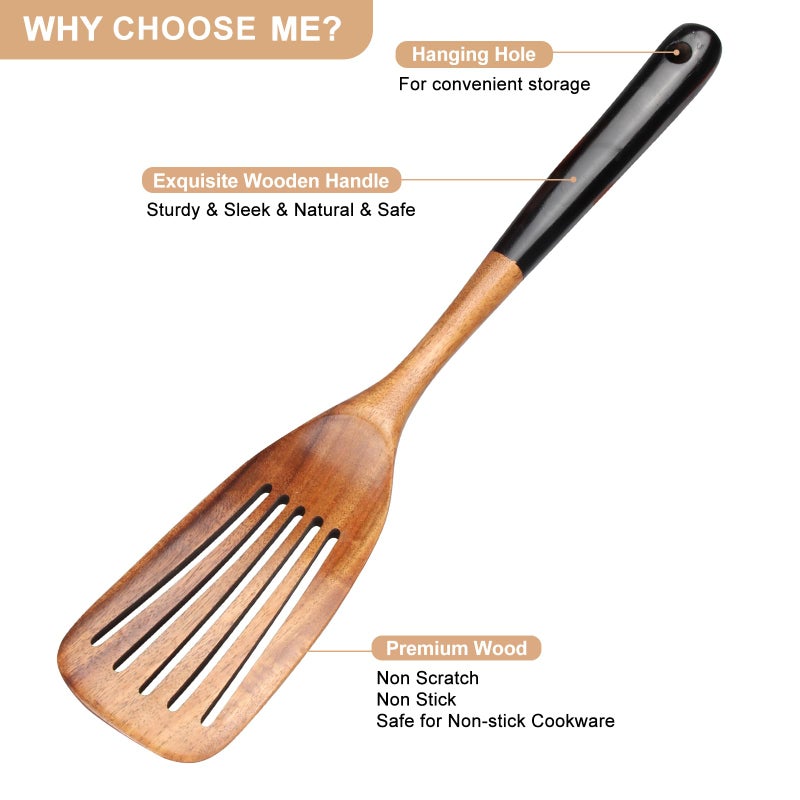 Ayiaren 2 Pcs Best Wooden Spatula Set for Cooking Kitchen Slotted Turner Spatula Flat Wood Wok Spatula Non Stick Cooking Utensils for Frying Mixing Teak Fish Spatula Turner Black Egg Flipper Spatulas - Image 4