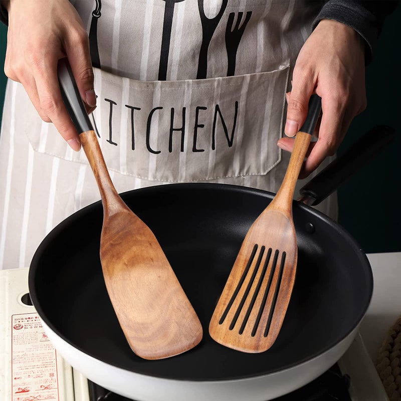 Ayiaren 2 Pcs Best Wooden Spatula Set for Cooking Kitchen Slotted Turner Spatula Flat Wood Wok Spatula Non Stick Cooking Utensils for Frying Mixing Teak Fish Spatula Turner Black Egg Flipper Spatulas - Image 3