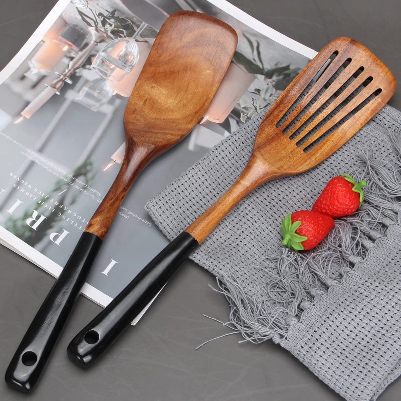 Ayiaren 2 Pcs Best Wooden Spatula Set for Cooking Kitchen Slotted Turner Spatula Flat Wood Wok Spatula Non Stick Cooking Utensils for Frying Mixing Teak Fish Spatula Turner Black Egg Flipper Spatulas - Image 5