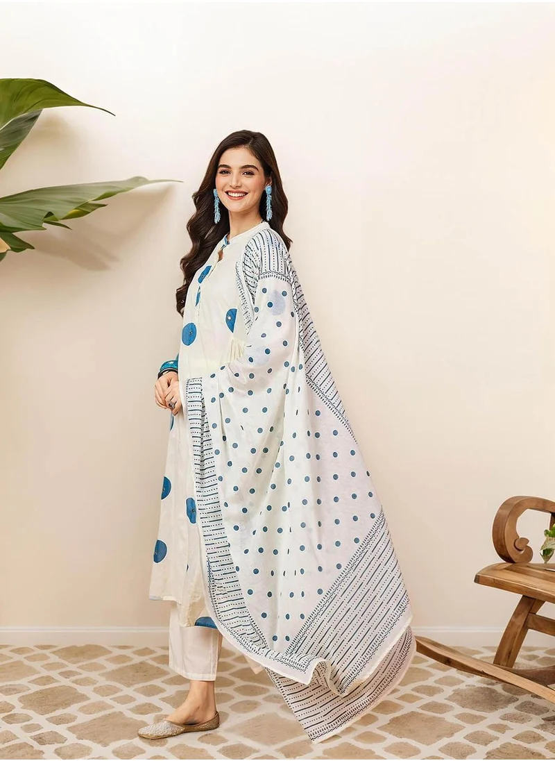 آي شين Women's Navy 100% Cotton Embellished Tunic Full Length Palazzo Straight Fit Kurta Set